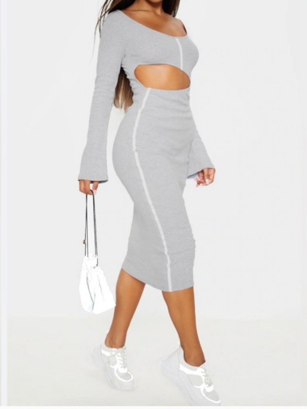 Pretty Little Thing Stretch Body Con Midi Dress Size 10 Gray Ribbed Sexy Cutout